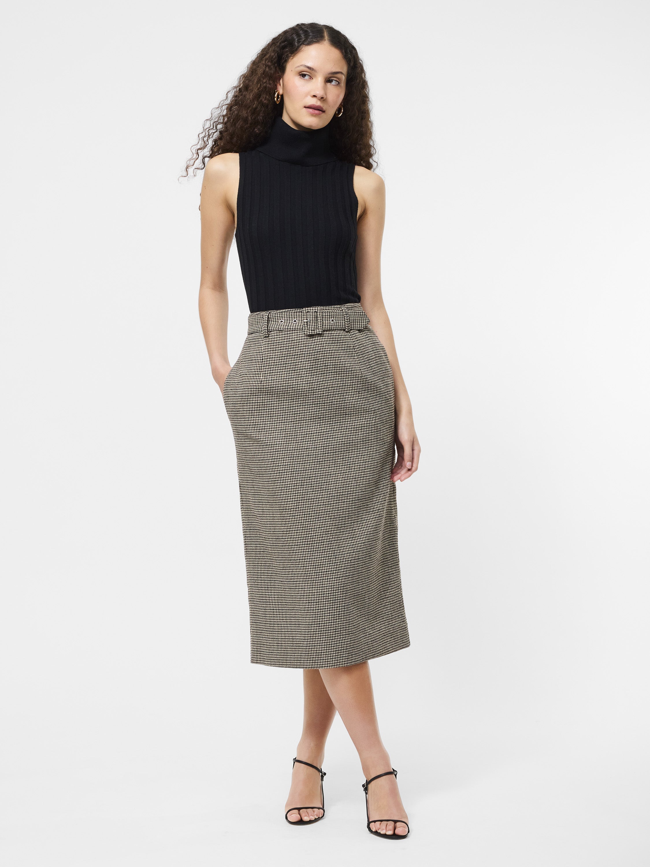 Houndstooth Belted Midi Skirt