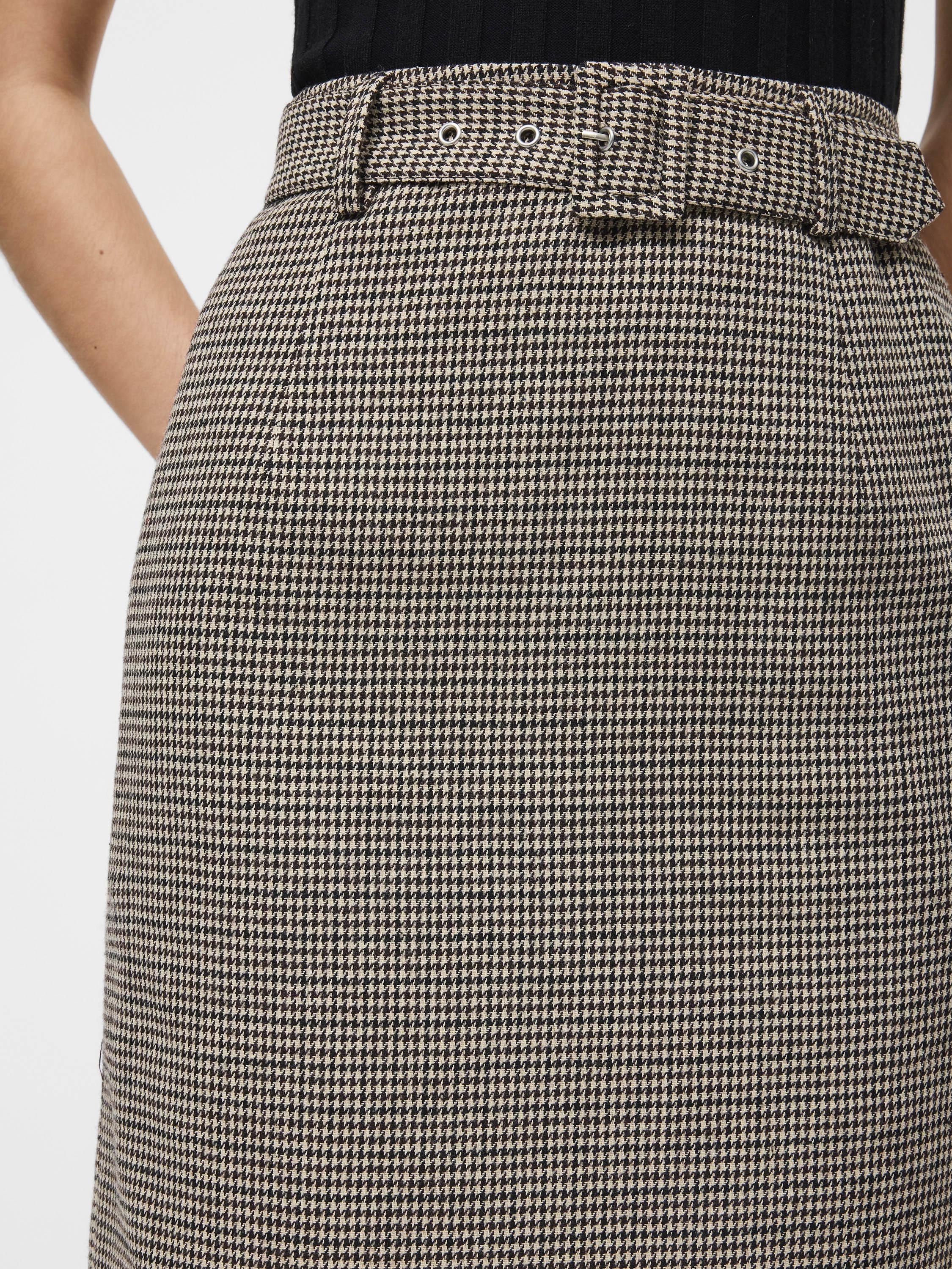 Houndstooth Belted Midi Skirt