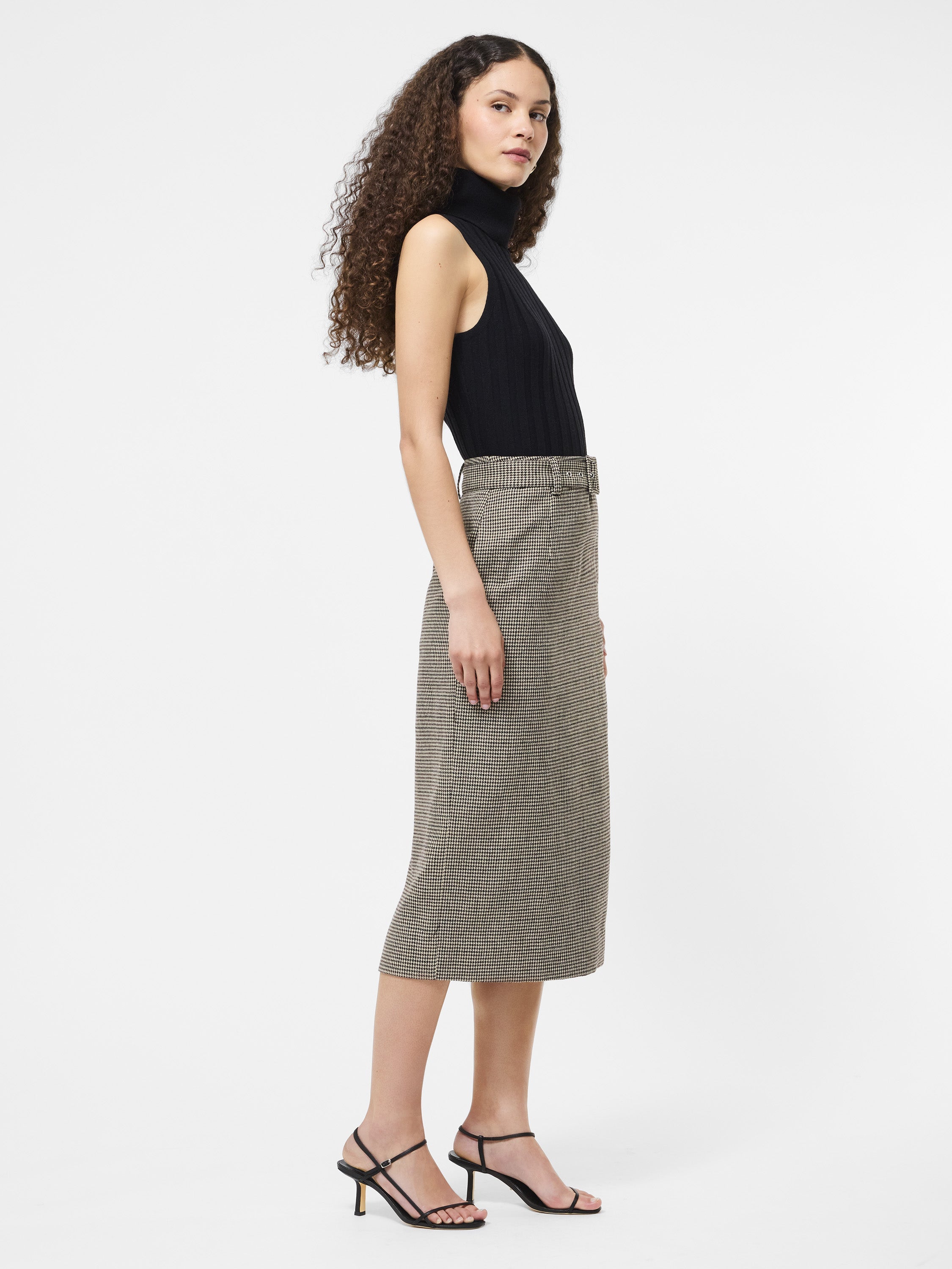Houndstooth Belted Midi Skirt