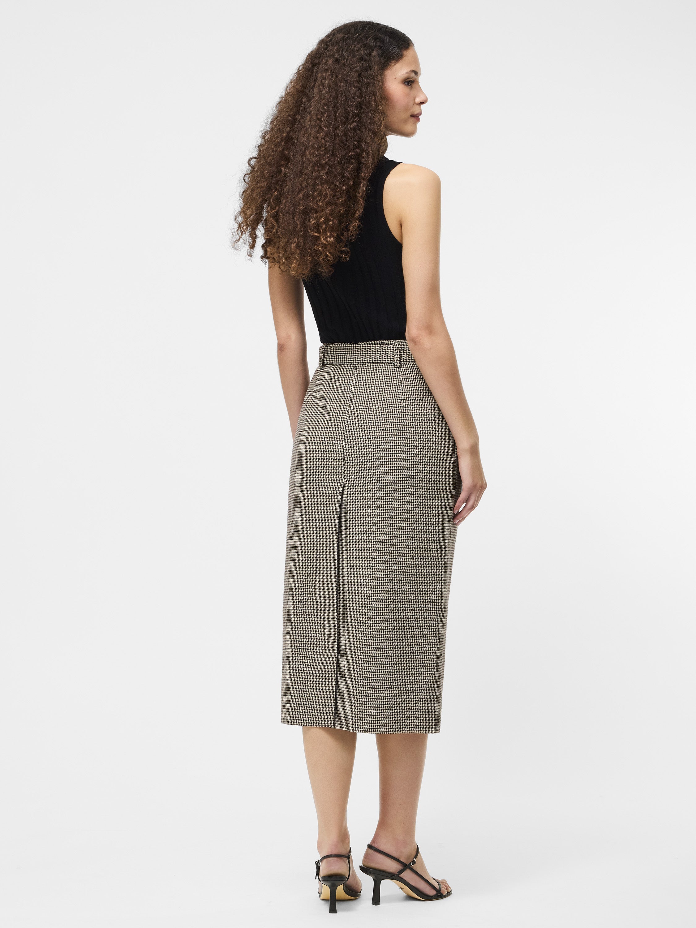 Houndstooth Belted Midi Skirt