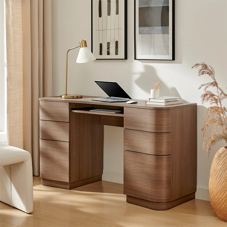 Mir Curved Office Desk, Brown Oak