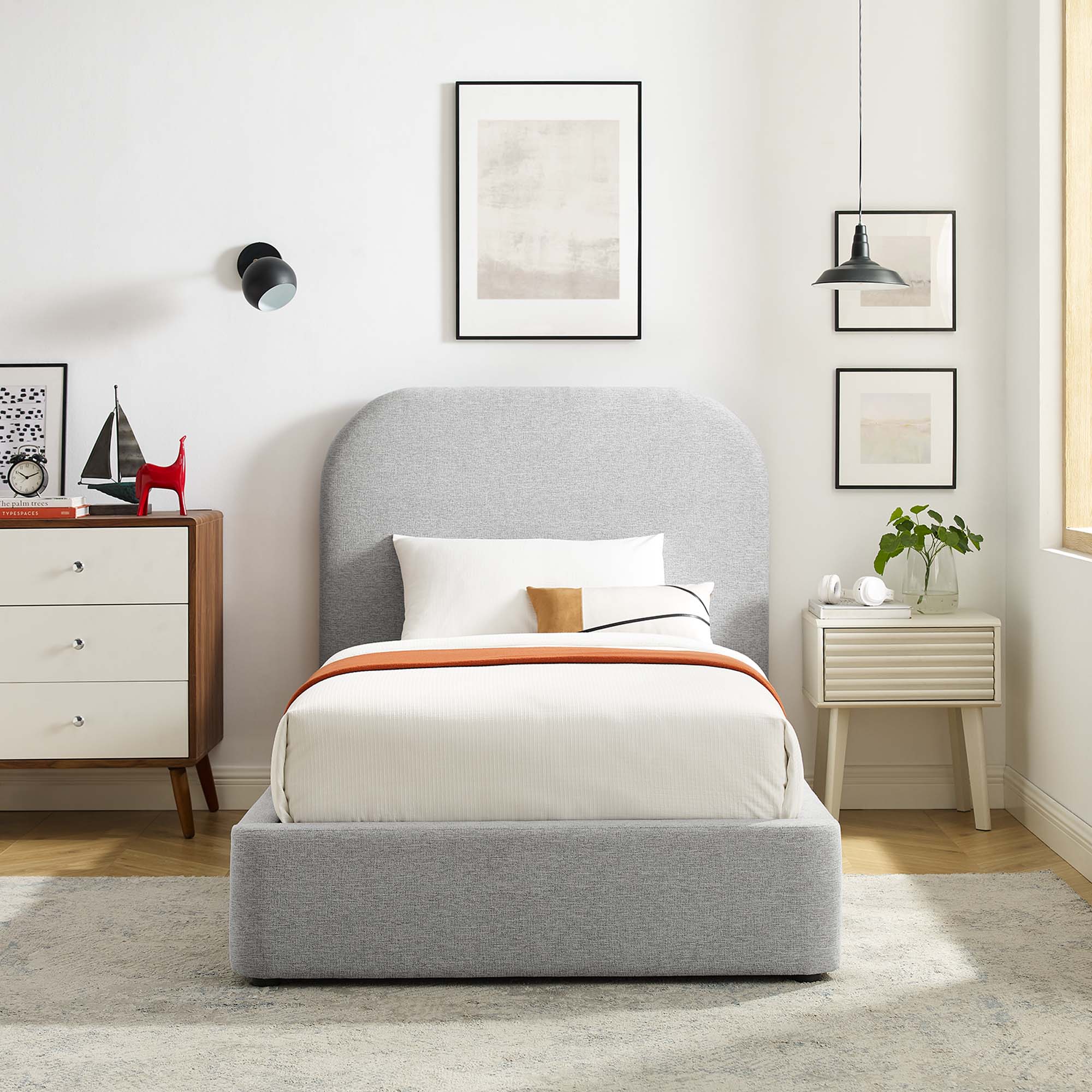Heather Upholstered Twin Bed, Light Gray