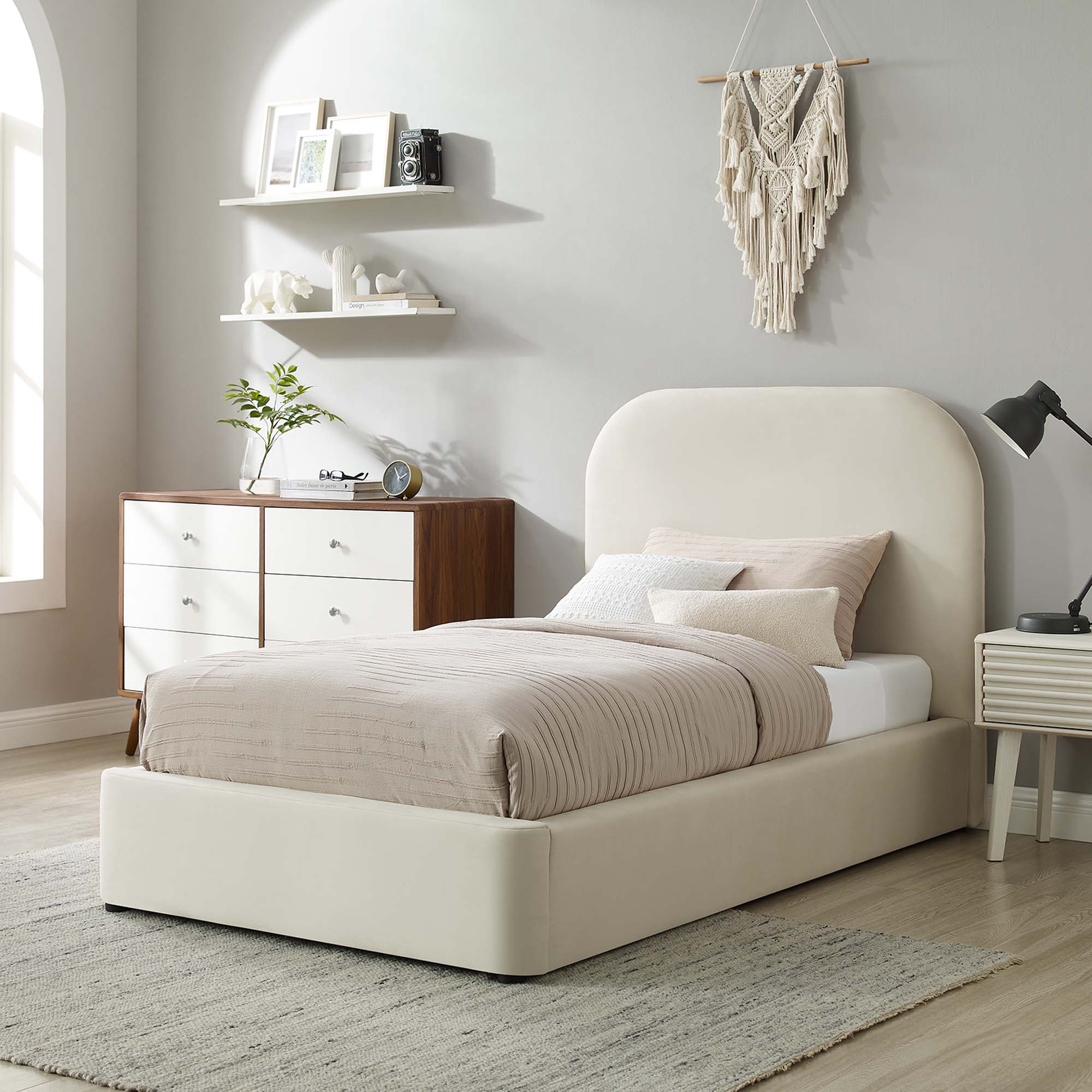 Heather Velvet Twin Bed, Cream