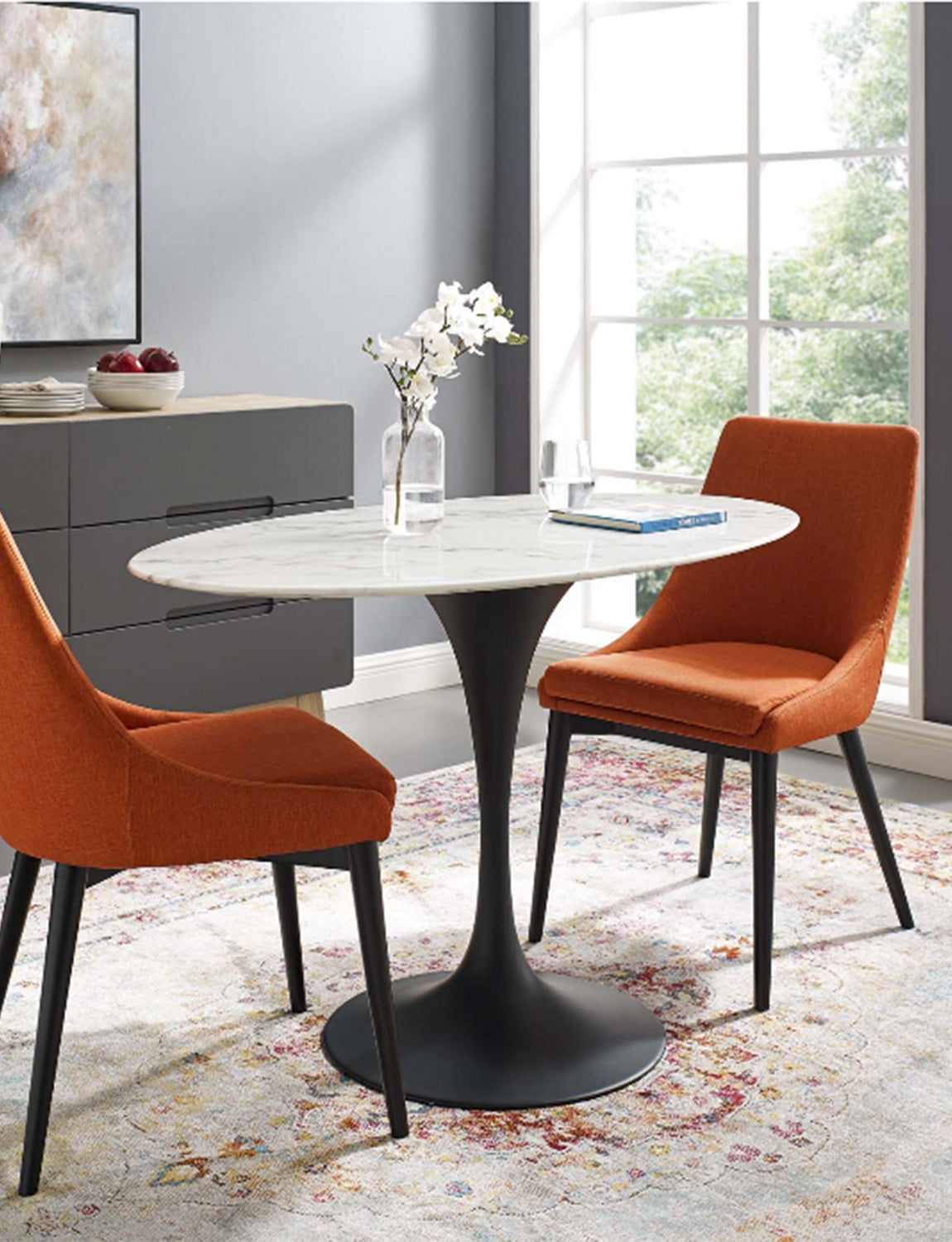 Lily Oval Marble Dining Table, black base