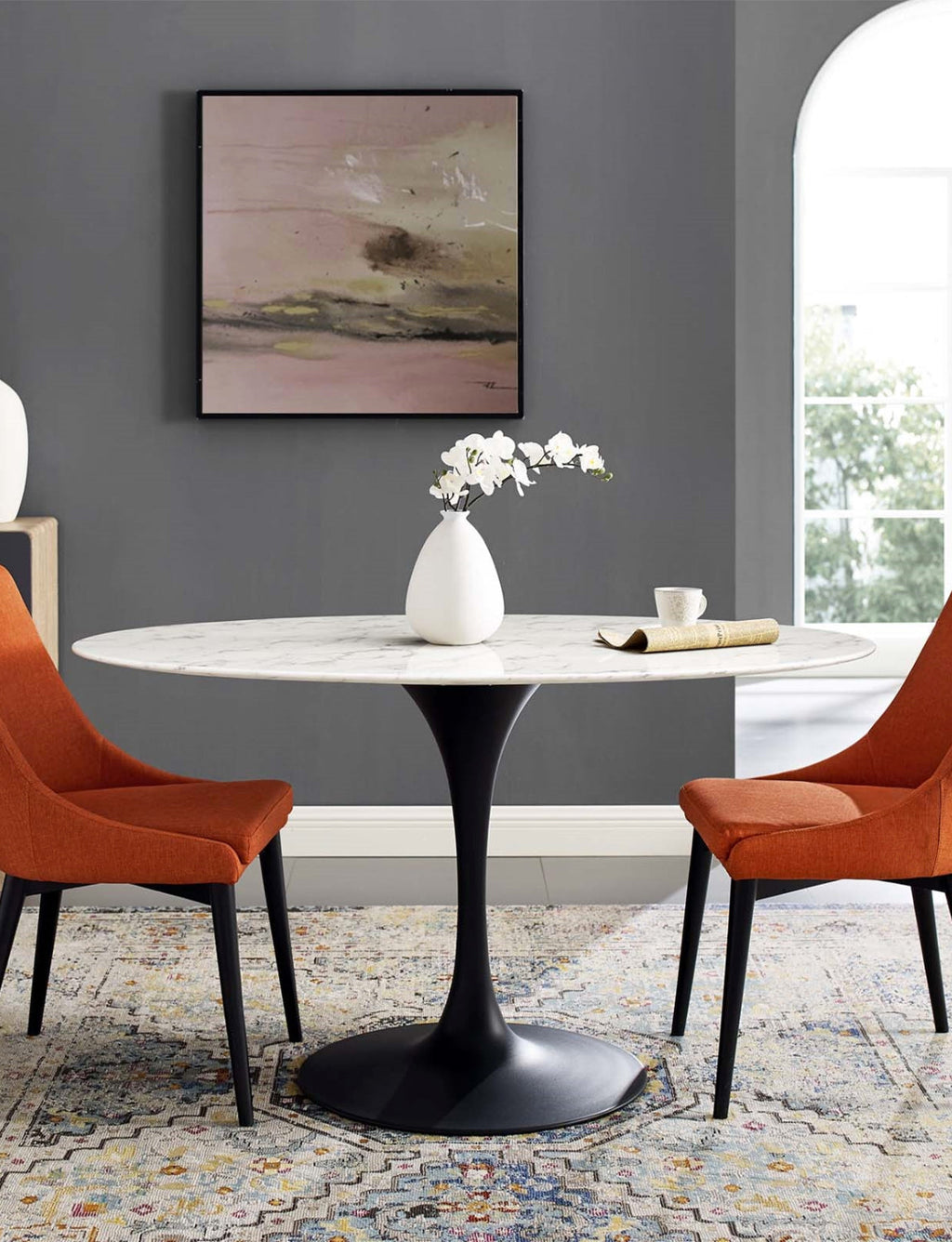 Lily Oval Marble Dining Table, black base