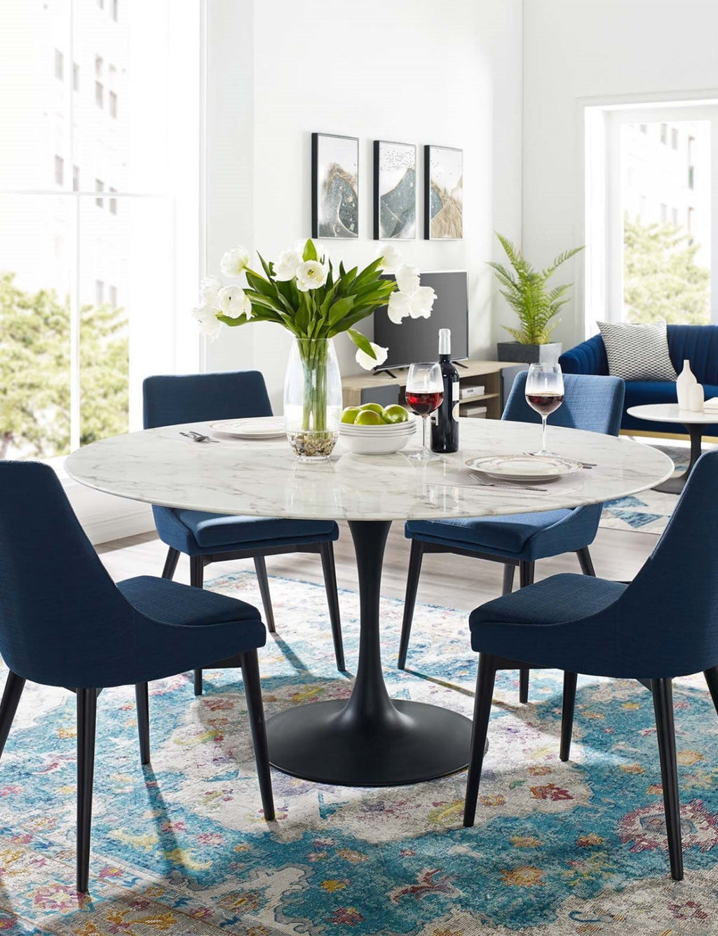 Lily Round Marble 48  Dining Table, black base