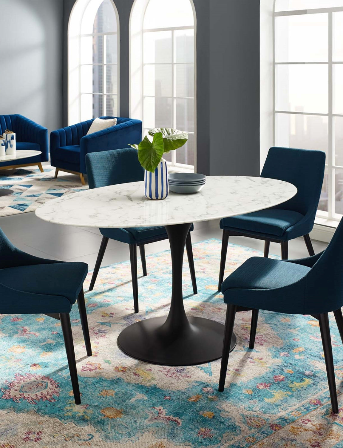 Lily Oval Marble Dining Table, black base