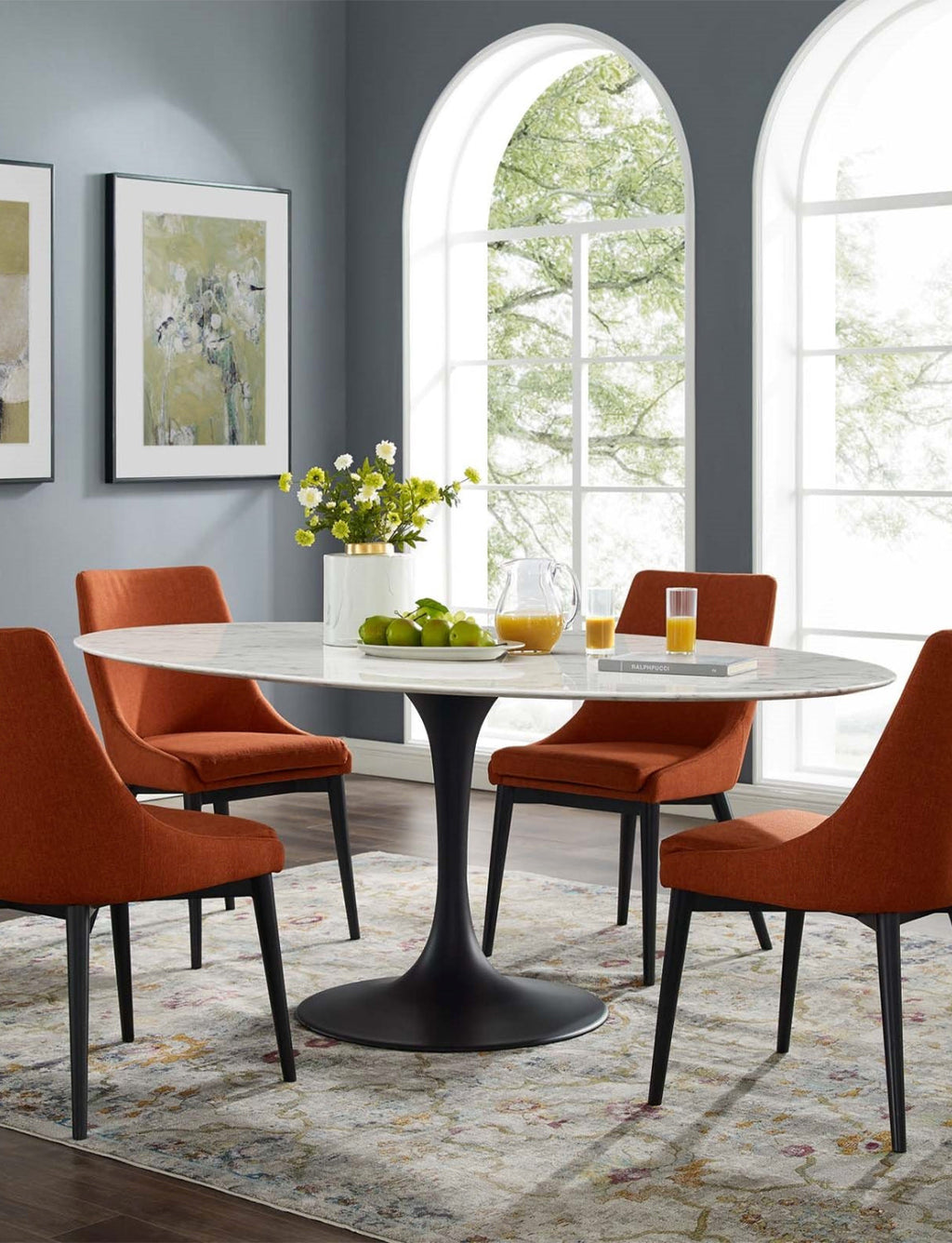 Lily Oval Marble Dining Table, black base