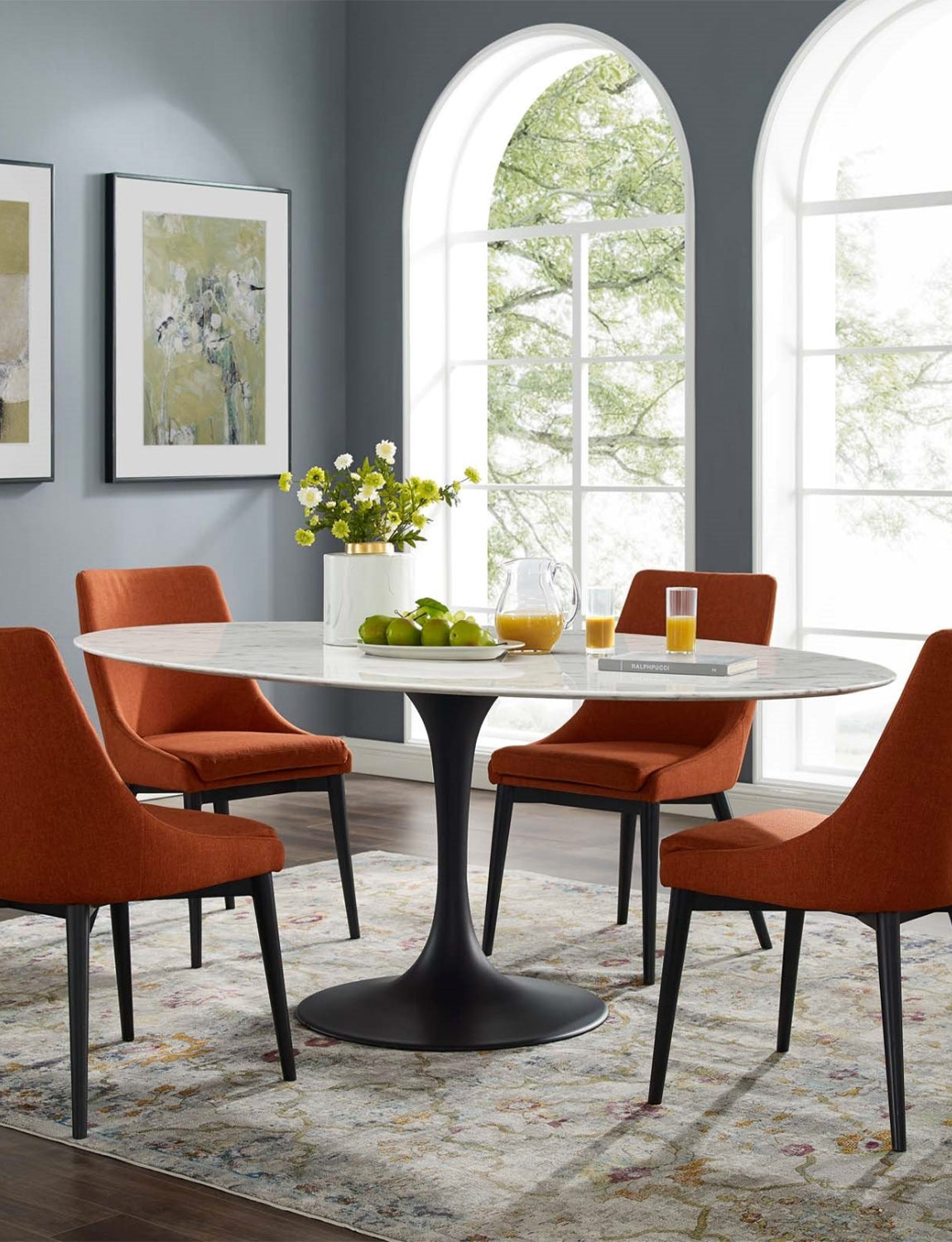 Lily Oval Marble Dining Table, black base