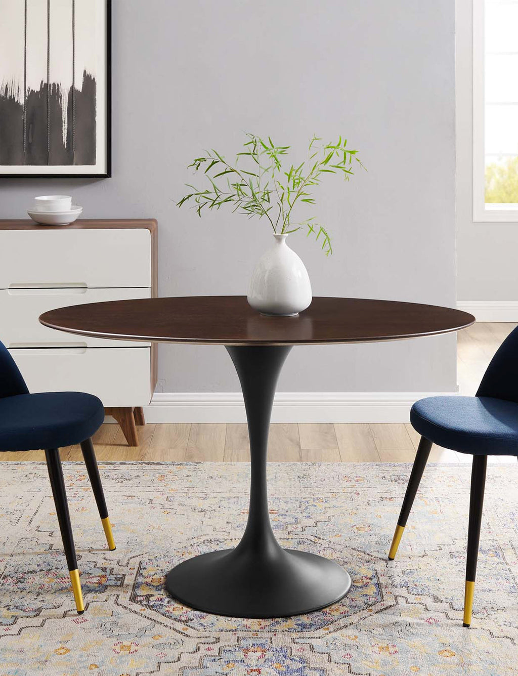Lily Cherry Walnut Oval Dining Table, black base