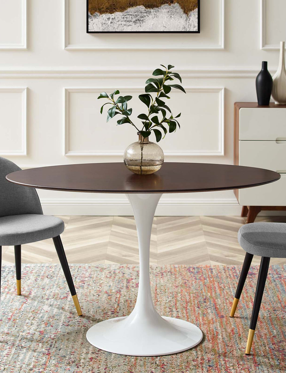 Lily Cherry Walnut Oval Dining Table, white base