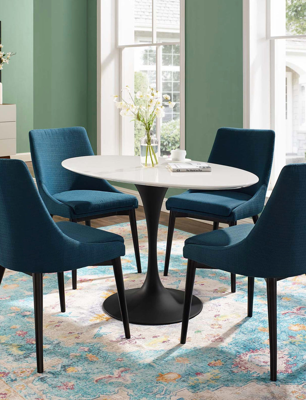 Lily White Oval 78 Dining Table, black base